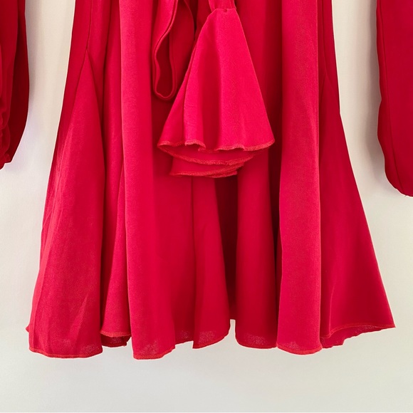 Petite Skater Mini Dress Blouson Long Sleeves Waist Tie Pleated Red 0 - Picture 7 of 16